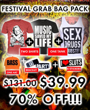 Festival Grab Bag Pack: 2 Shirts, 1 Tank, Hat, Wristband, 8 Stickers!